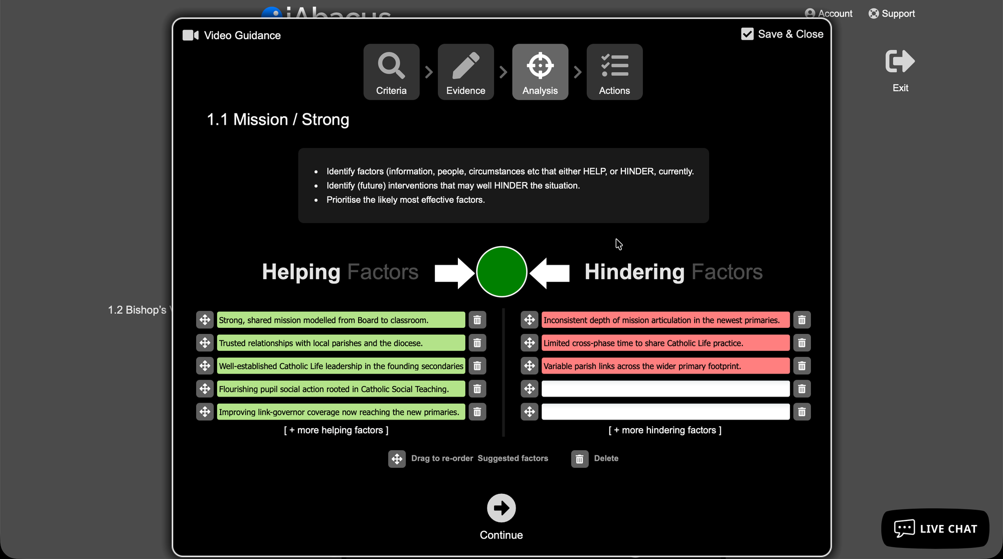 Two columns, helping factors in green and hindering factors in red, either side of the judgement bead.