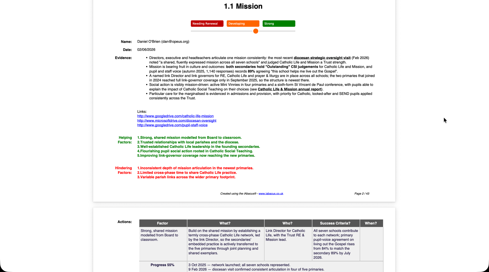 A clean PDF report showing the judgement, evidence, links, helping and hindering factors and the action plan for a theme.
