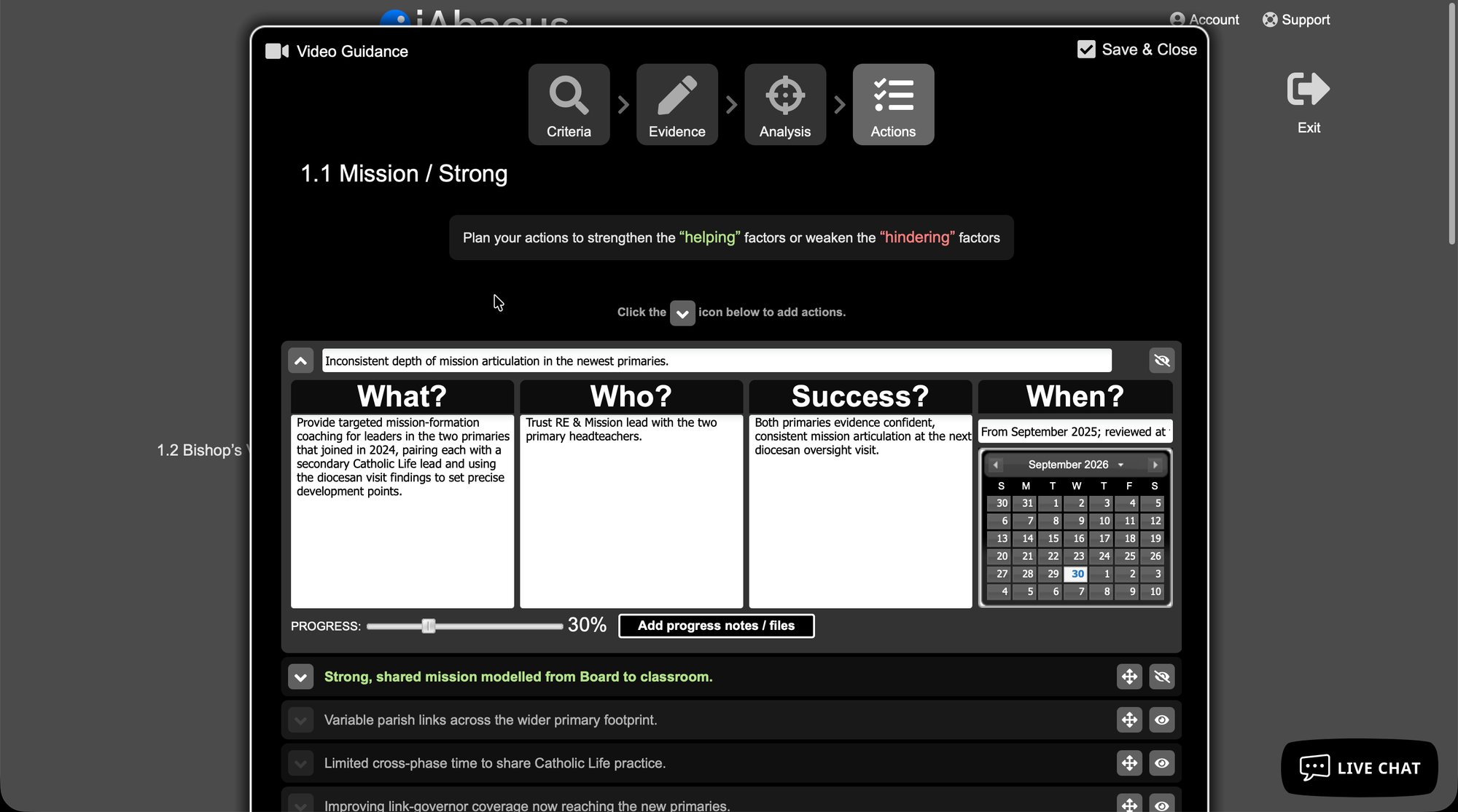 An action planner with What, Who, Success and When columns, and a progress slider.