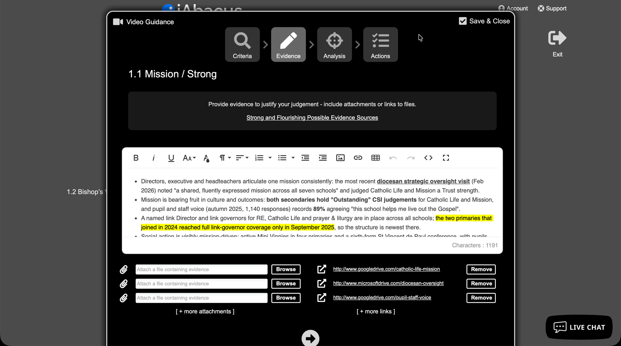 An evidence panel with a rich text box and links to supporting files.